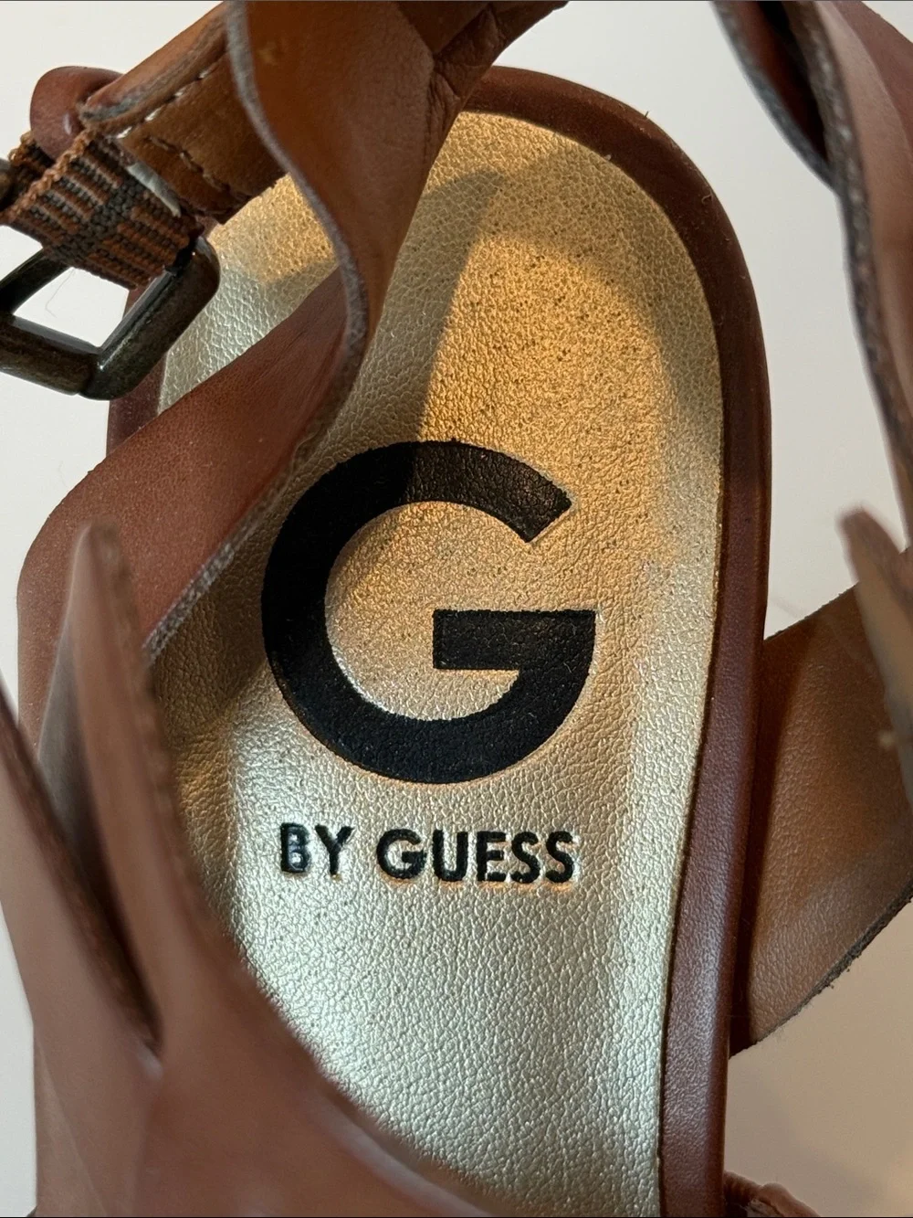 G by Guess Brown Strappy Cork Wedge Sandals with Ankle Buckle
